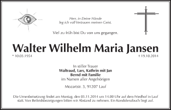 Traueranzeige von Walter Wilhelm Maria Jansen von Pegnitz-Zeitung